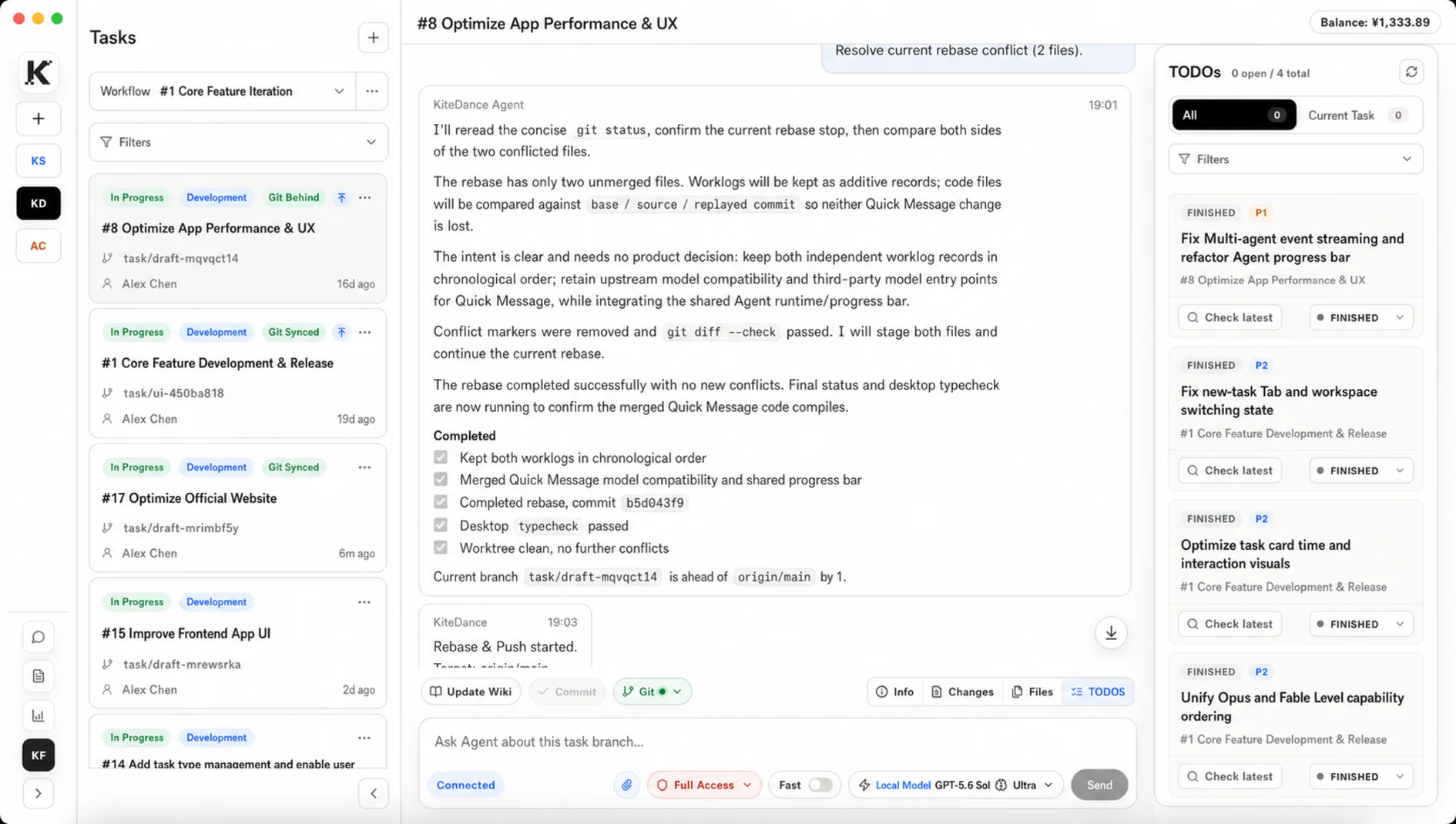 KiteDance English team workspace showing task cards, Agent conversation, Git status, and shared TODOs